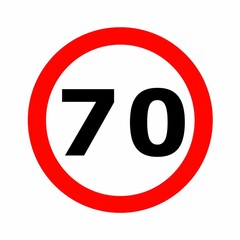 Red circle and black digits for speed limit sign， 70 mile per hour. 