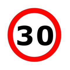 Red circle and black digits for speed limit sign， 30 mile per hour. 