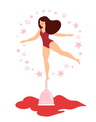 Obraz na płótnie Canvas Woman balancing on menstrual cup. Girl having menstrual period, menstruation, premenstrual syndrome, PMS, female reproductive system. Active life concept. Vector illustration.