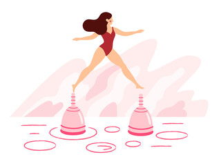 Woman jumping on menstrual cups. Girl having menstrual period, menstruation, premenstrual syndrome, PMS, female reproductive system. Active life concept. Vector illustration, horizontal banner.