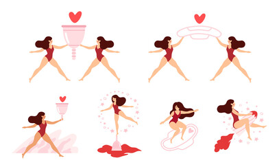 Women with tampon, pad, menstrual cup. Active life concept. Girl having menstrual period, menstruation, premenstrual syndrome, PMS, female reproductive system. Vector illustration.