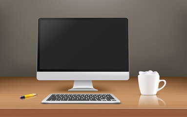 Modern computer with black screen on a wood mirror table. 3d vector mockup