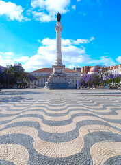 Rossio square in Lisbon in Portugal with purple blooming Jacaranda mimosifolia trees