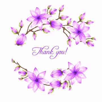 A watercolor illustration of two half-round elements with a floral magnolia motif and a writing “Thank you!” on a light background for design of text, labels, greeting and invitation cards, backdrops