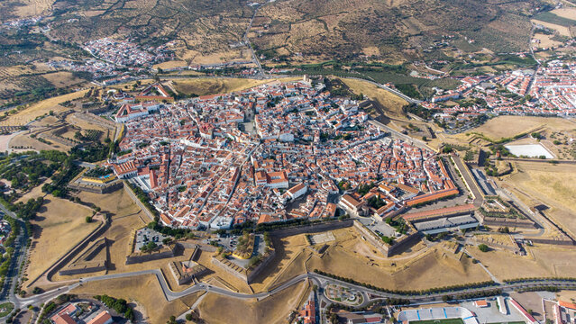 Aerial drone view of fortifications, Garrison Border Town of Elvas and its Fortifications. Unesco world heritage Portugal. Historic site. Touristic destination for holidays. Portugal, Alentejo, Elvas.