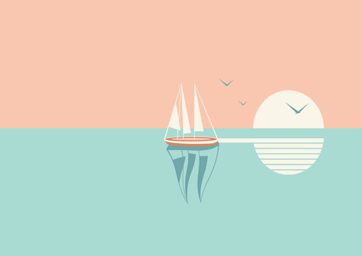 Sailboat or boat floats in the sea at sunset.