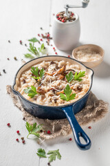 Tasty mushrooms risotto with wild boletus and herbs