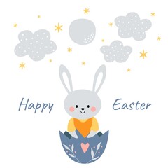Obraz na płótnie Canvas Kawaii cute bunny, rabbit in eggshell with moon, stars and clouds. Happy Easter. Charming clipart for postcards, prints, banners, templates, social media, web.