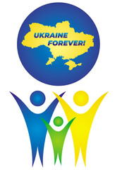 Three symbolic figures with raised hands and a map of Uktaine with text "Ukraine forever". Colors of ukrainian flag