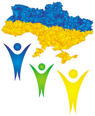 Three symbolic figures with raised hands and a map of Ukraine pn top in the Ukrainian flag, yellow and blue