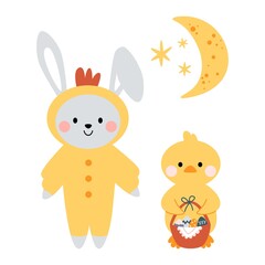 Kawaii cute bunny, rabbit a chicken costume and chicken, duckling with moon and stars. Happy Easter. Charming clipart for postcards, prints, banners, templates, social media, web.
