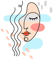 Woman face in modern style with abstract shapes. Minimalist line portrait. Isolated vector illustration