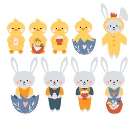 Set kawaii cute bunnies, rabbits and chickens, ducklings. Happy Easter. Charming clipart for postcards, prints, banners, templates, social media and web.