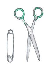 An isolated watercolor illustration of a pair of old scissors and a safety pin and with a real watercolor paper texture as an element for design of text, labels, greeting and invitation cards