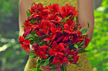 Mujer con ramo de flores rojas © Maelia Rouch