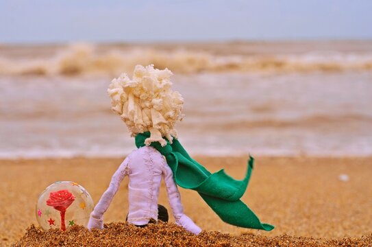 Mu&ntilde;eco del principito y su rosa en la playa