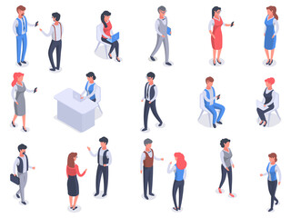 Isometric office people, business character conversation. Office team business workflow, meeting and partnership vector symbols illustrations. Business characters