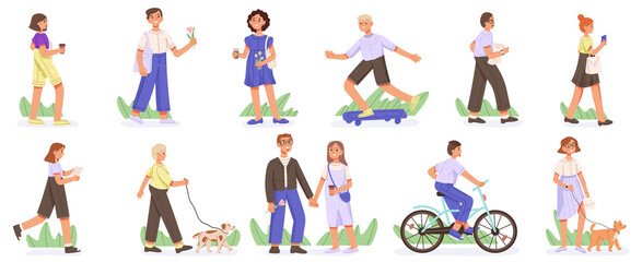 Cartoon people walking down street, riding bike or dating, city crowd. Flat persons, men and women summer activities vector symbols illustrations. People walking and biking