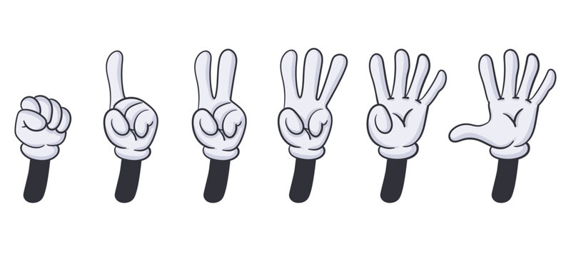 Comic hands numbers gestures, cartoon finger counting signs. Hand numbers, comic book hands in glove one, two, three, four fingers gesture vector symbols illustrations
