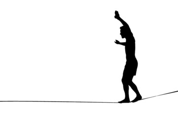Silhouette of young man balancing on slackline isolated on white background. Slackliner balancing on tightrope silhouette.