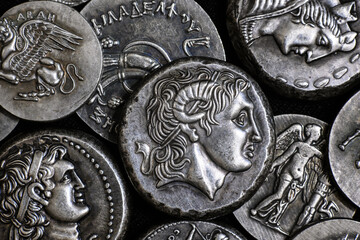 Coin with Alexander the Great portrait and Ancient Greek silver metal money, pattern of vintage...