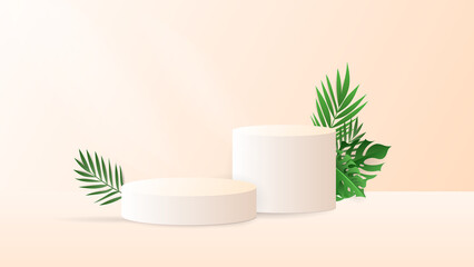Product display with white podiums and plants leaves and tropical with cloud on orange background fresh mind , illustration 3d Vector EPS 10