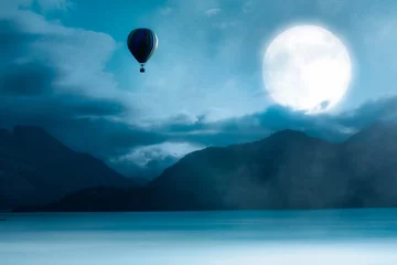  Magical Night Scene with Full Moon in cloudy sky and Hot Air Balloon Flying © edb3_16