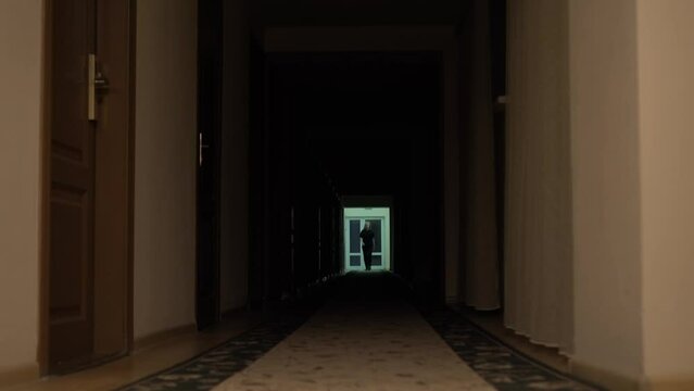 Woman walks forward in dark hotel hallway. Creepy horror flashing lights. Suspense mysterious hotel doors hall tunnel. Strange lady