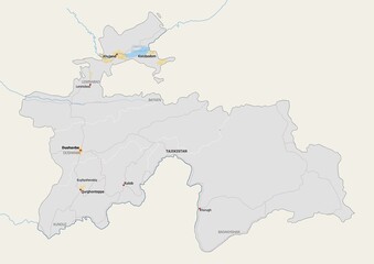 Isolated map of Tajikistan with capital, national borders, important cities, rivers,lakes. Detailed map of Tajikistan suitable for large size prints and digital editing.