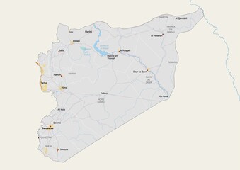 Isolated map of Syria with capital, national borders, important cities, rivers,lakes. Detailed map of Syria suitable for large size prints and digital editing.