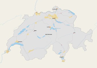 Isolated map of Switzerland with capital, national borders, important cities, rivers,lakes. Detailed map of Switzerland suitable for large size prints and digital editing.
