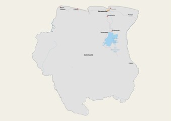 Isolated map of Suriname with capital, national borders, important cities, rivers,lakes. Detailed map of Suriname suitable for large size prints and digital editing.