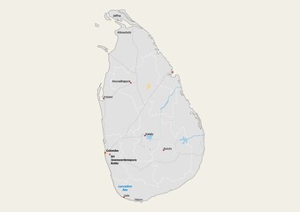 Isolated map of Sri Lanka with capital, national borders, important cities, rivers,lakes. Detailed map of Sri Lanka suitable for large size prints and digital editing.