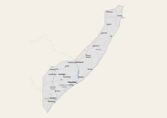 Isolated map of Somalia with capital, national borders, important cities, rivers,lakes. Detailed map of Somalia suitable for large size prints and digital editing.