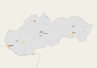 Fototapeta premium Isolated map of Slovakia with capital, national borders, important cities, rivers,lakes. Detailed map of Slovakia suitable for large size prints and digital editing.