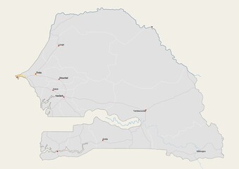 Isolated map of Senegal with capital, national borders, important cities, rivers,lakes. Detailed map of Senegal suitable for large size prints and digital editing.