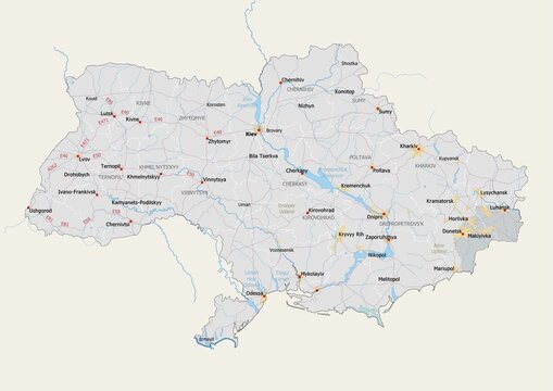 Isolated map of Ukraine with capital, national borders, important cities, rivers,lakes. Detailed map of Ukraine suitable for large size prints and digital editing.