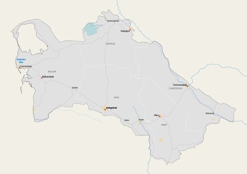 Isolated map of Turkmenistan with capital, national borders, important cities, rivers,lakes. Detailed map of Turkmenistan suitable for large size prints and digital editing.