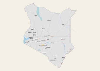 Isolated map of Kenya with capital, national borders, important cities, rivers,lakes. Detailed map of Kenya suitable for large size prints and digital editing.