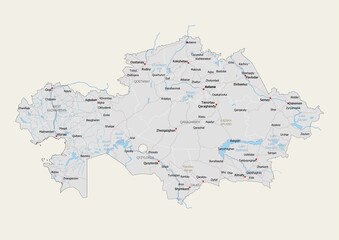 Isolated map of Kazakhstan with capital, national borders, important cities, rivers,lakes. Detailed map of Kazakhstan suitable for large size prints and digital editing.