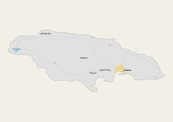Isolated map of Jamaica with capital, national borders, important cities, rivers,lakes. Detailed map of Jamaica suitable for large size prints and digital editing. - Powered by Adobe