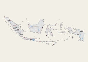 Isolated map of Indonesia with capital, national borders, important cities, rivers,lakes. Detailed map of Indonesia suitable for large size prints and digital editing.