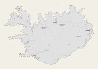 Isolated map of Iceland with capital, national borders, important cities, rivers,lakes. Detailed map of Iceland suitable for large size prints and digital editing.