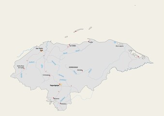 Isolated map of Honduras with capital, national borders, important cities, rivers,lakes. Detailed map of Honduras suitable for large size prints and digital editing.