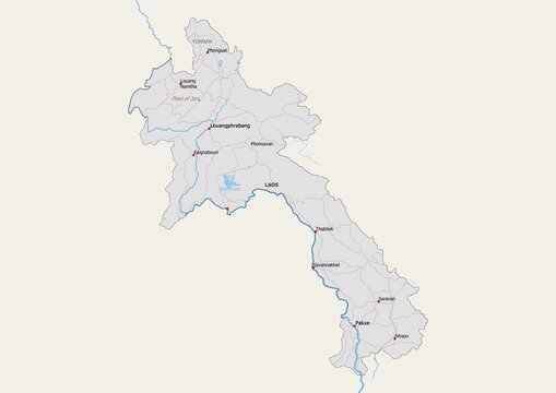 Isolated map of Laos with capital, national borders, important cities, rivers,lakes. Detailed map of Laos suitable for large size prints and digital editing.
