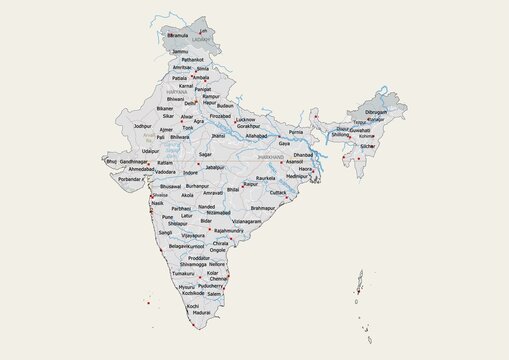 Isolated map of India with capital, national borders, important cities, rivers,lakes. Detailed map of India suitable for large size prints and digital editing.