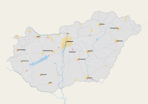 Isolated map of Hungary with capital, national borders, important cities, rivers,lakes. Detailed map of Hungary suitable for large size prints and digital editing.