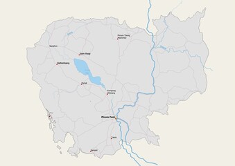 Isolated map of Cambodia with capital, national borders, important cities, rivers,lakes. Detailed map of Cambodia suitable for large size prints and digital editing.