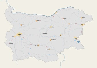 Isolated map of Bulgaria with capital, national borders, important cities, rivers,lakes. Detailed map of Bulgaria suitable for large size prints and digital editing.