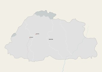 Isolated map of Bhutan with capital, national borders, important cities, rivers,lakes. Detailed map of Bhutan suitable for large size prints and digital editing.